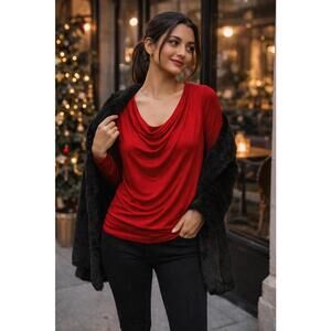 Elegant Red Draped Women's Top with 3/4 Sleeves